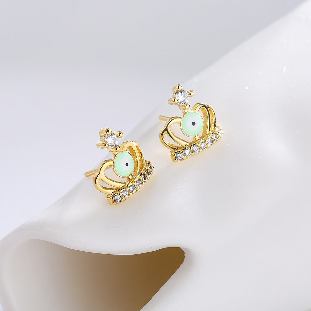Orecchini a perno con corona geometrica personalizzata stile Ins, in rame con micro-pavé di zirconi e placcatura in oro 18K da donna