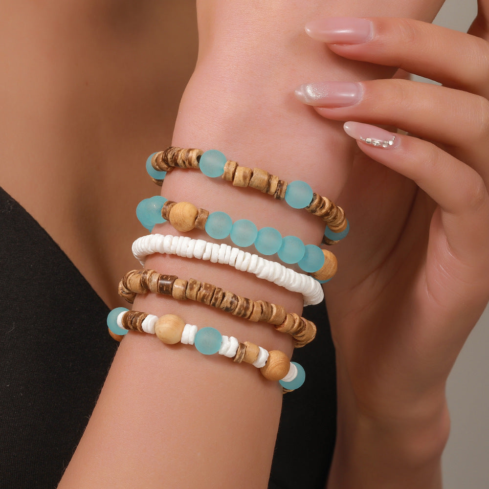 Bohemian Round Wood and Shell Beaded Bracelet