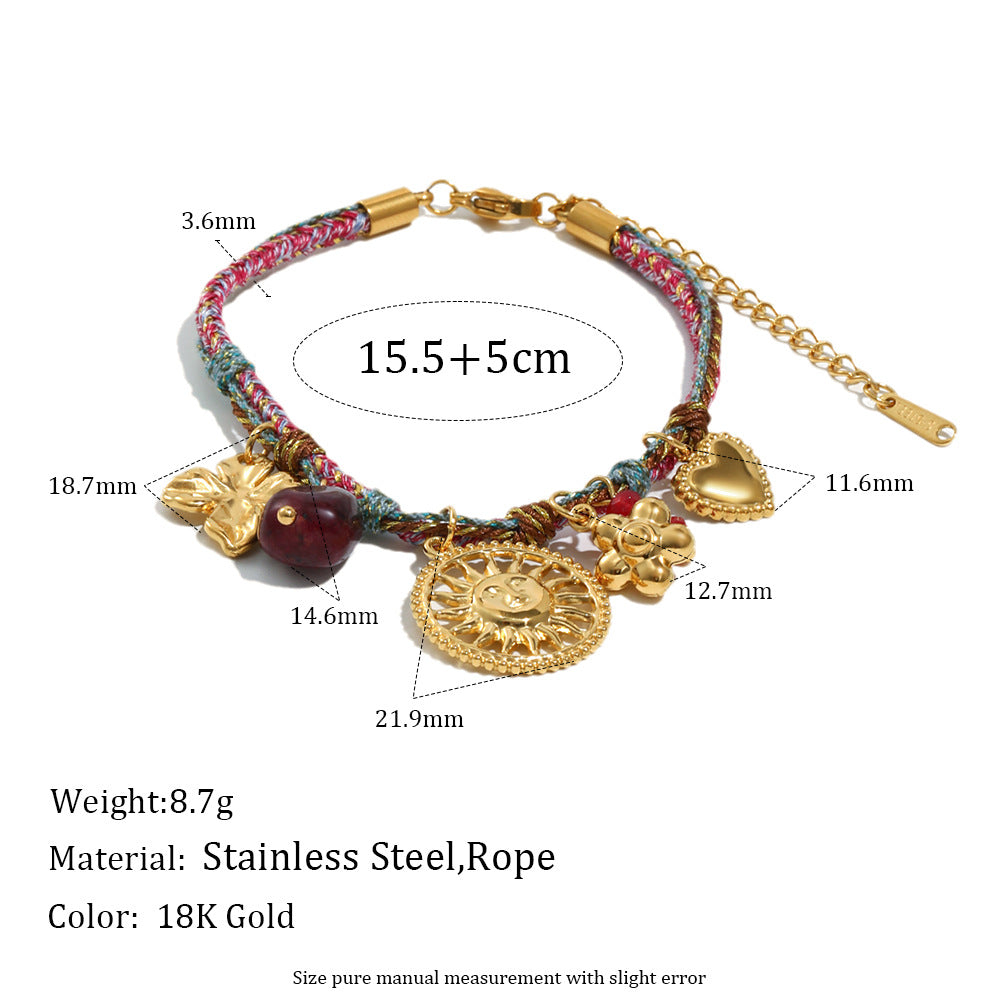 Collana con ciondolo minimalista retrò a forma di sole in acciaio inossidabile con placcatura in oro 18 carati su cordino di cotone
