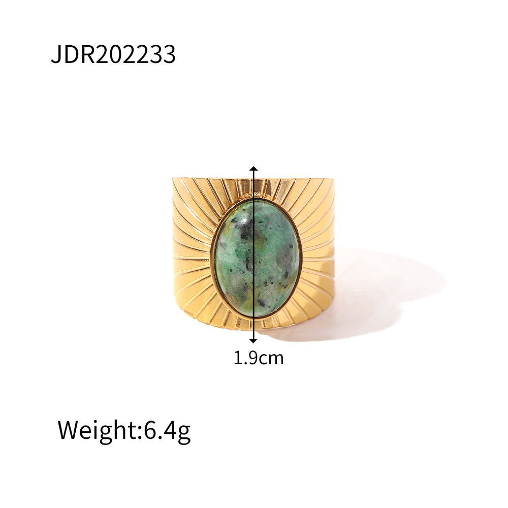 Vintage Oval Turquoise-Inlaid Stainless Steel Wide Band Open Ring for Women Geometric Shape Statement Jewelry