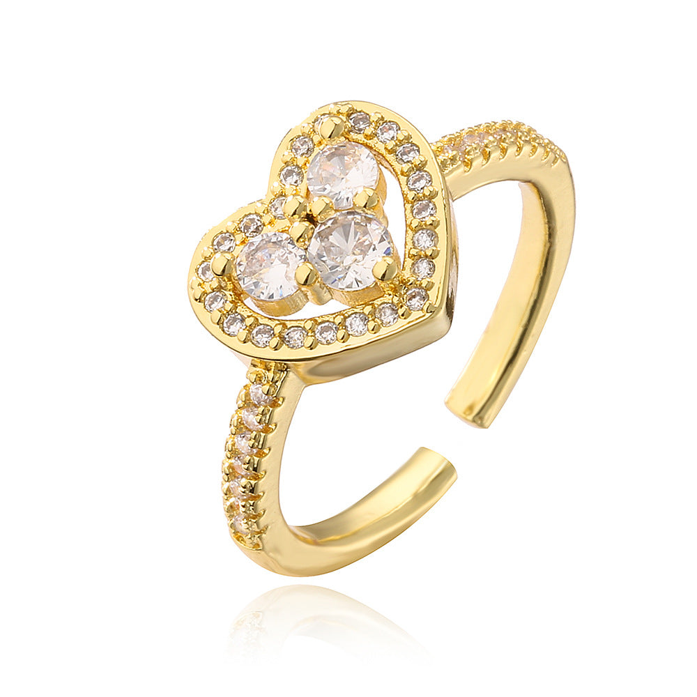 Elegante Anello Aperto da Donna Geometrico in Stile Francese Realizzato in Ottone con Placcatura in Vero Oro e Zirconi Micro-Incastonati