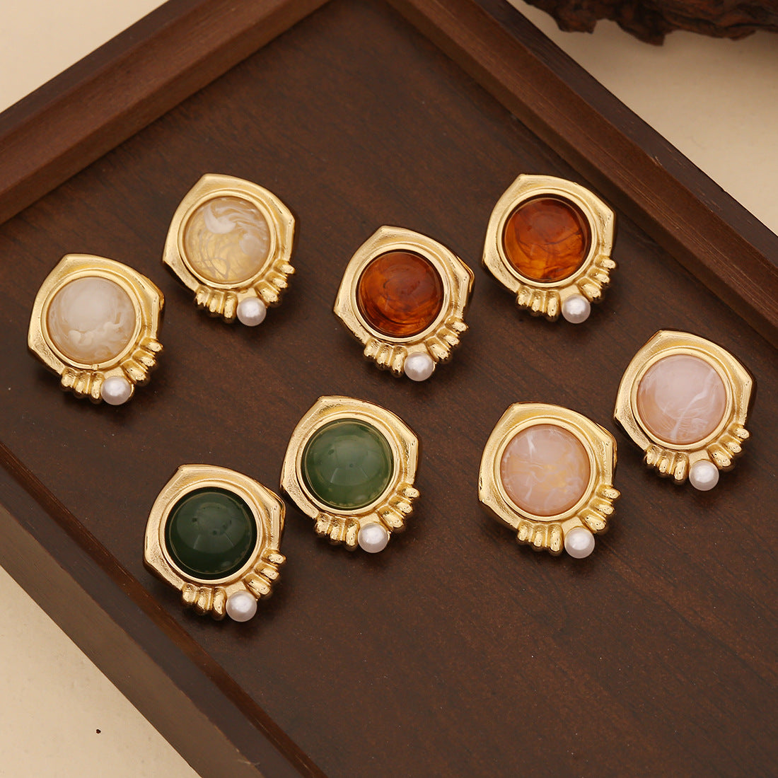 Vintage Geometric Stainless Steel Earrings with Plated Finish and Pearl Accents for Women