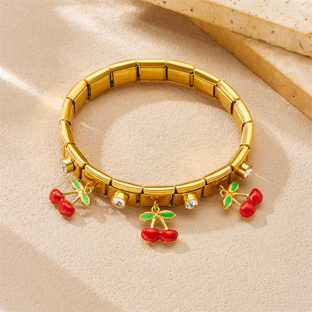 Sweet Cartoon Drip Oil Cherry Rhinestone Plated Stainless Steel Geometric Round Square Bracelet
