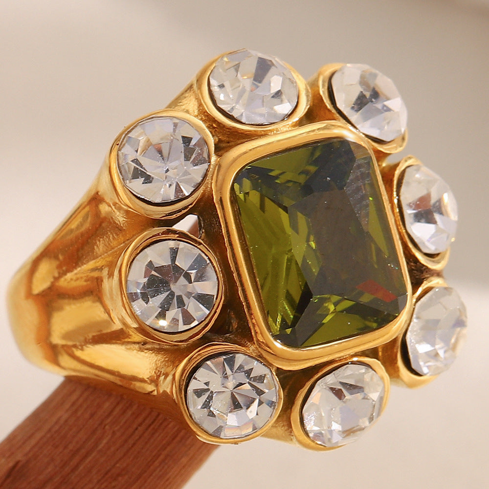 Anello quadrato geometrico in zircone in stile francese da donna in acciaio inossidabile con placcatura in oro 18 carati, gioielli di lusso leggeri