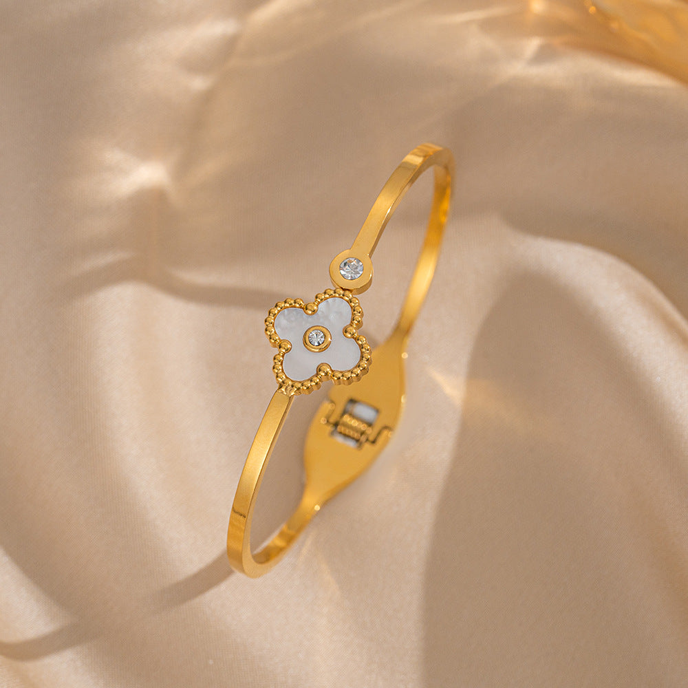 Bracciale Minimalista in Acciaio Inossidabile da Donna con Placcatura in Acciaio al Titanio e Intarsio di Strass a Forma Geometrica Ovale