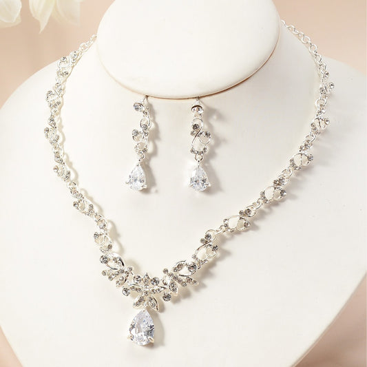 Sweet Elegant Floral Heart Teardrop Rhinestone Inlaid Cubic Zirconia Necklace and Earring Set for Women Wedding Party Jewelry