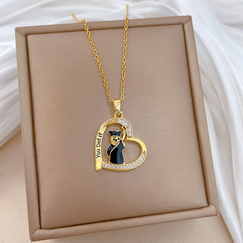 Sweet Minimalist Heart Drip Oil Rhinestone Pendant Necklace Titanium Steel Chain for Unisex