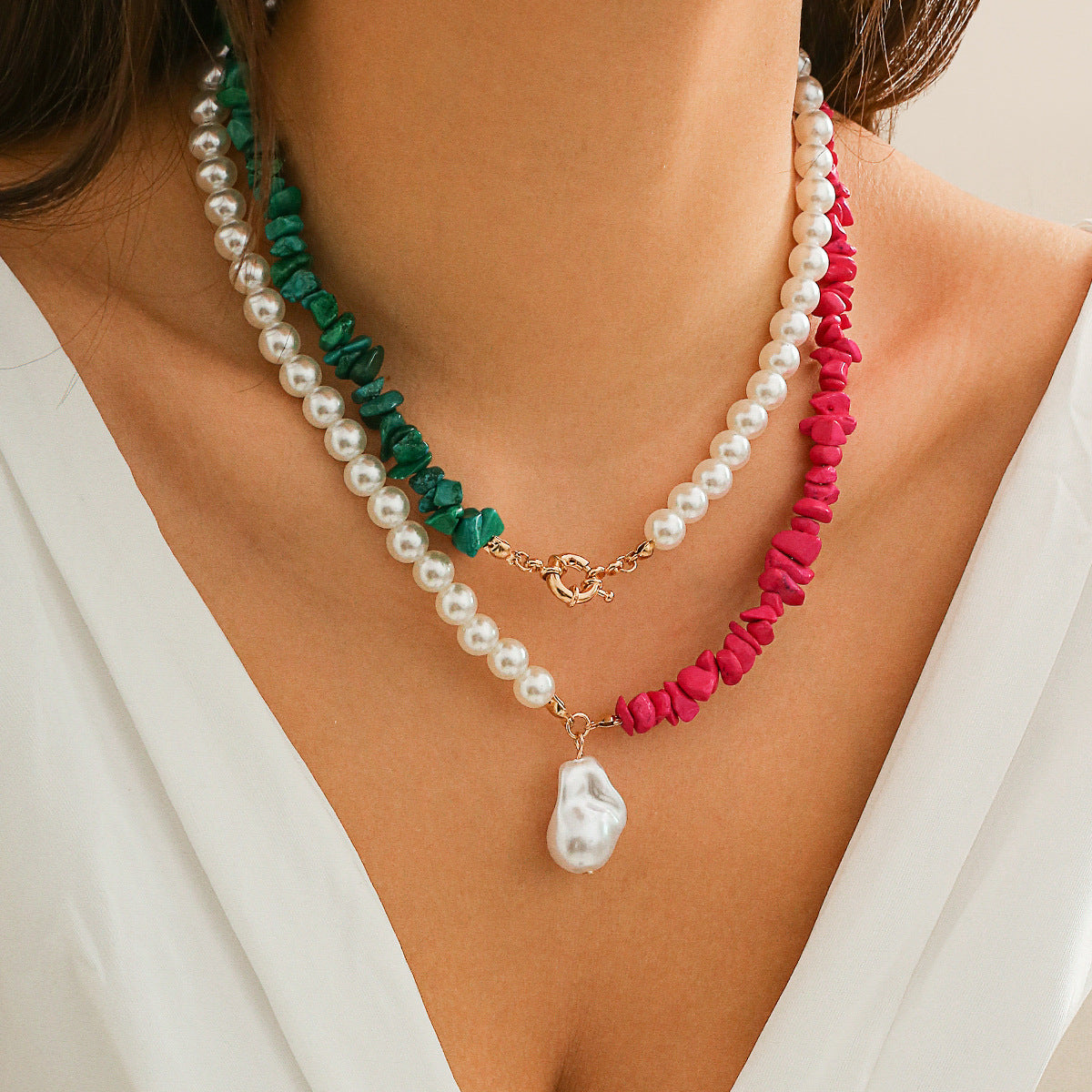 Collar de perlas de imitación estilo geométrico vintage con borla y cadena de bolas para mujer