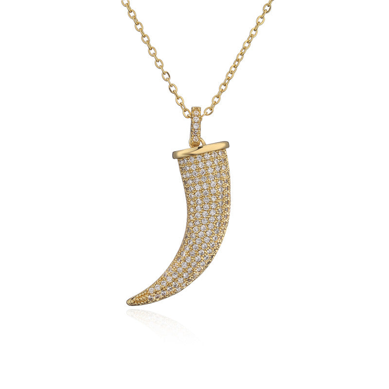Minimalist Geometric Horn Pendant Necklace for Women in Copper with Enamel Finish and Cubic Zirconia Inlay on O-Chain