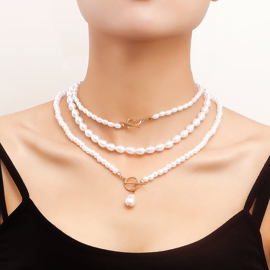 Collar de perlas barrocas de imitación vintage con colgante geométrico en cadena tejida para mujer