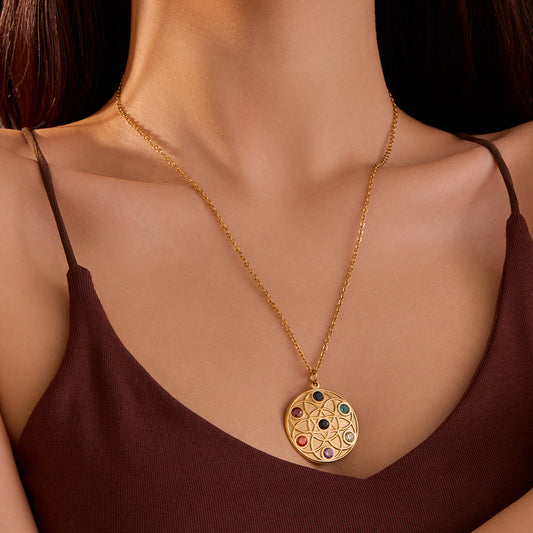 Fashionable Office-Style Round Pendant Necklace in Stainless Steel with Rhinestone Inlay for Women