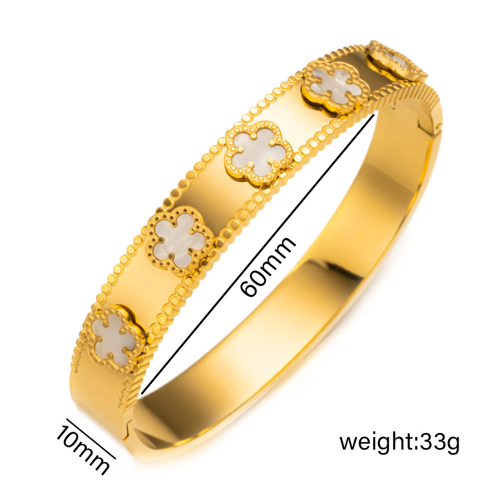 Pulsera de trébol de acero inoxidable de moda para mujer con incrustaciones de nácar, acabado galvanizado hipoalergénico, diseño ovalado geométrico