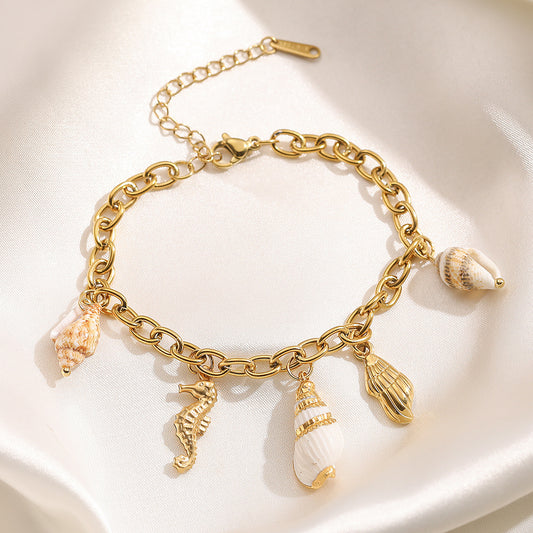 18K Gold Plated Stainless Steel Geometric Shell Seahorse Bracelet for Women