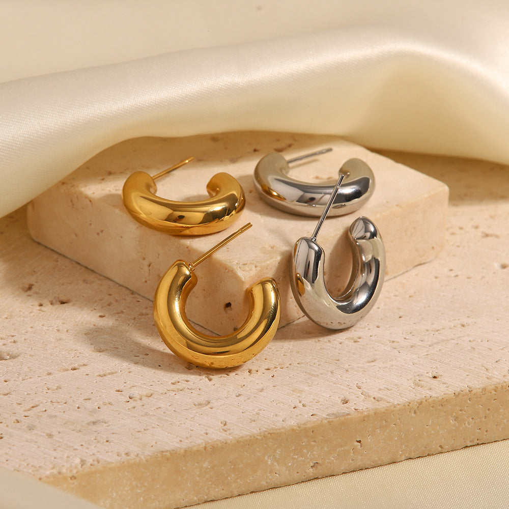 Orecchini da donna minimalisti a C cavi in acciaio inossidabile con finitura galvanizzata e design geometrico