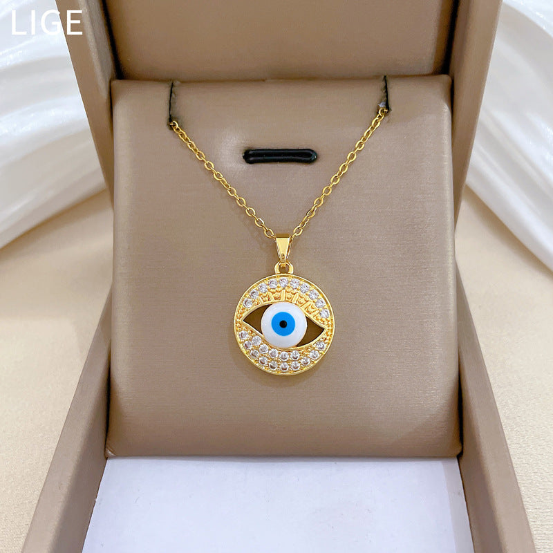 Sweet Luxury Geometric Moon Rhinestone Pendant Titanium Steel Necklace for Unisex