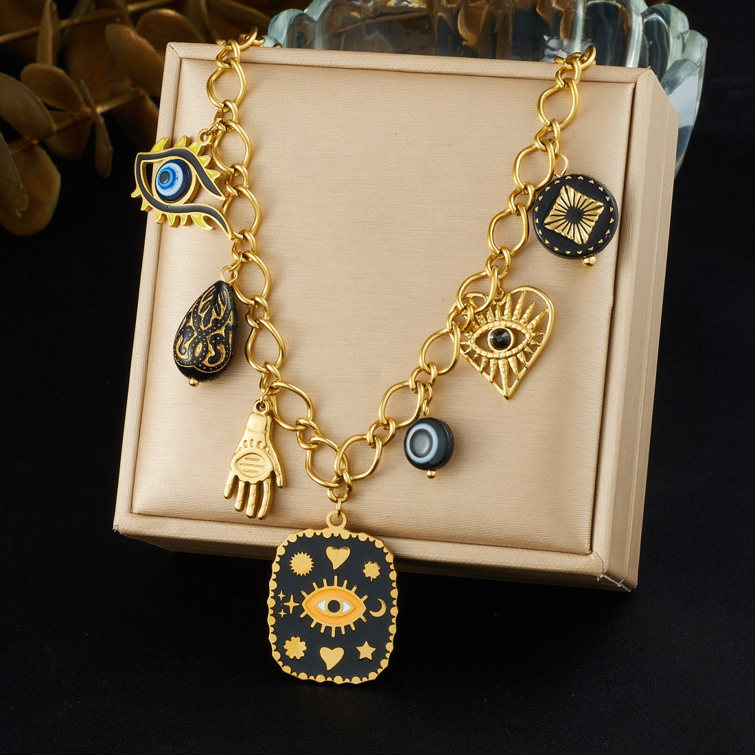 Gothic Drip Oil Gold Plated Stainless Steel Square Round Heart Geometric Eye Palm Necklace for Women