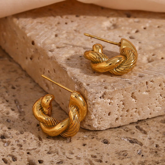 Orecchini a clip in acciaio inossidabile geometrici lusso minimalista da donna con texture diagonale spazzolata e design a corda intrecciata