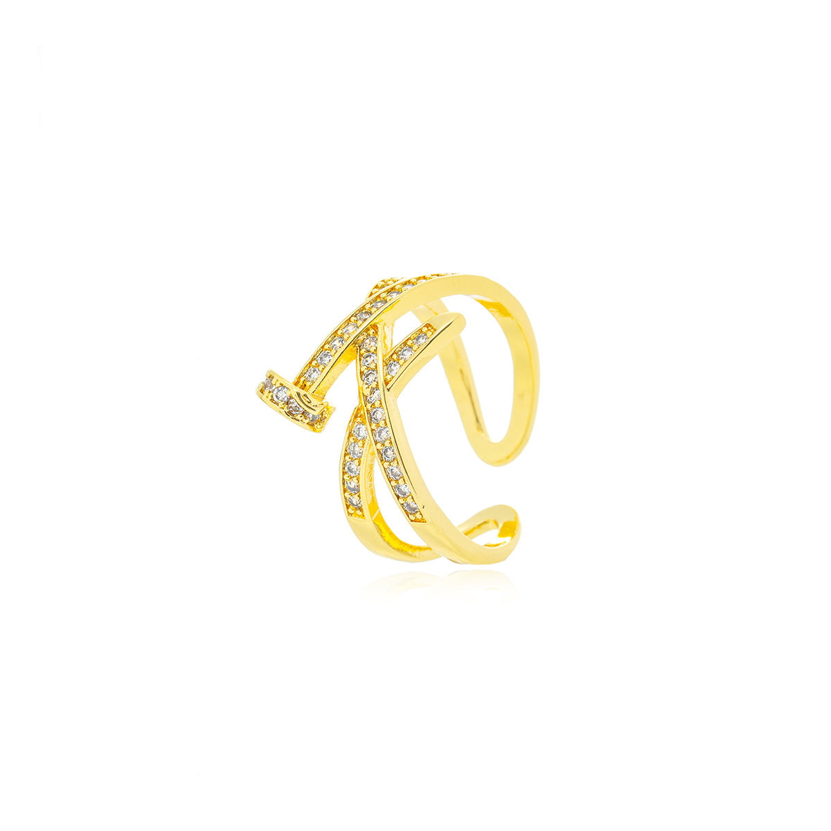 Minimalist Geometric Open Ring in Titanium Steel with Gold Plating and Full Zirconia Inlay for Women