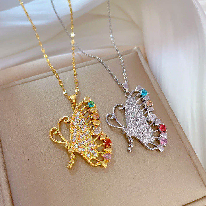 Luxury Butterfly-Shaped Rhinestone-Encrusted Titanium Steel Necklace for Women - Delicate Clavicle Chain for Wedding, Party, and Formal Occasions