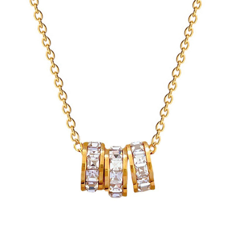 Minimalist Titanium Steel Geometric Triple Hoop Rhinestone Pendant Necklace for Unisex