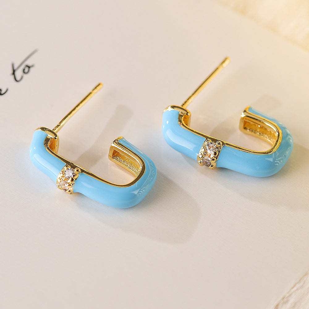 Geometric Candy-Colored Enamel Zirconia Stud Earrings for Women, Minimalist Fashion-Forward Ear Jewelry with Micro-Pave Setting