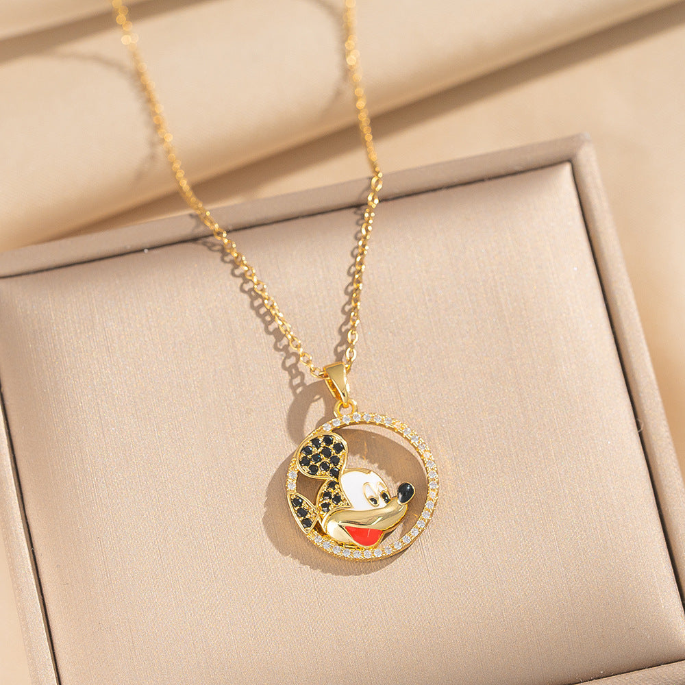 Minimalist Round Mickey Mouse Pendant Necklace in Titanium Steel with Gold Plating and Zircon Inlay for Women