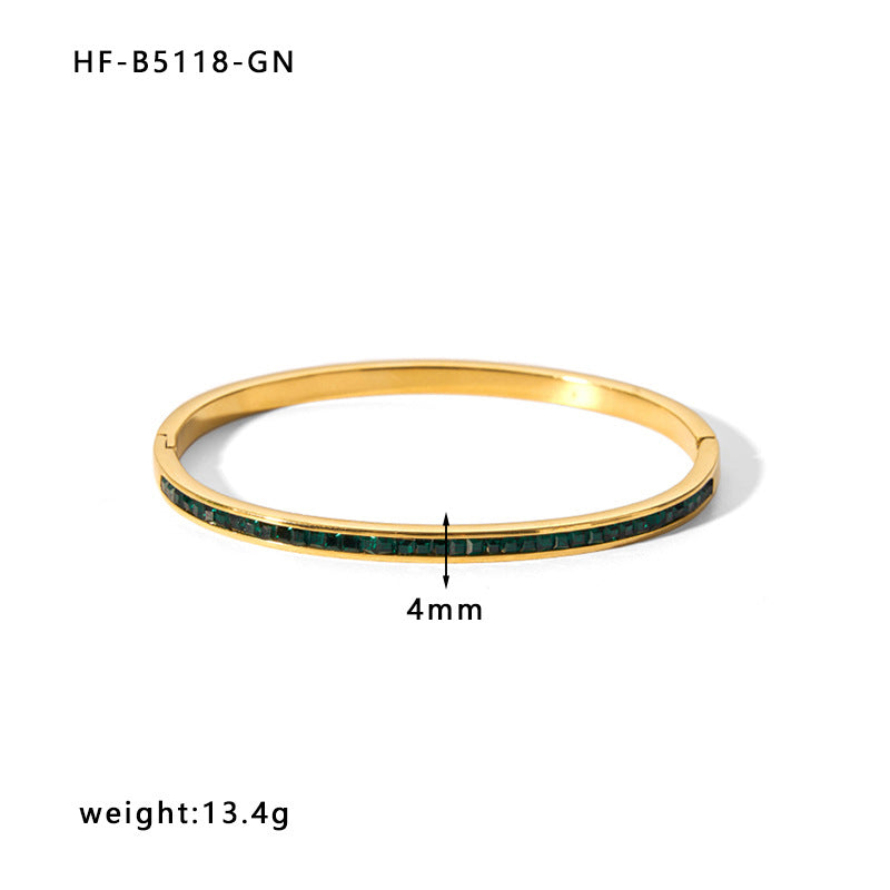 Minimalist Green Zircon Inlaid Stainless Steel Bracelet with 18K Gold Plating Hypoallergenic Fade-Resistant Finish