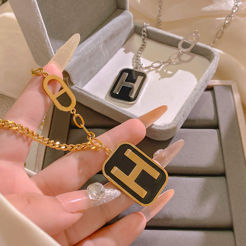 Gold Plated Titanium Steel Rectangle Letter H Necklace