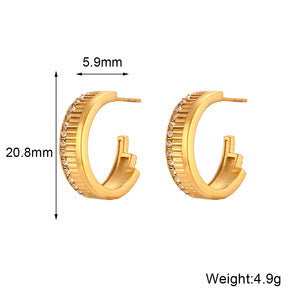 Fashion Minimalist Geometric C-Shaped Zirconia-Set Stainless Steel Earrings with 18K Gold Plating for Women