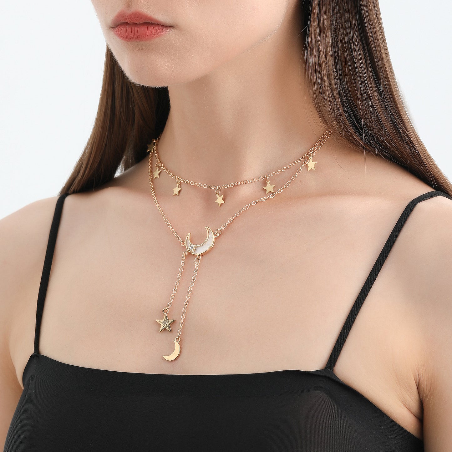 Fashionable Y-Shaped Double-Layer Long Tassel Necklace for Women with Star and Crescent Pendant in Alloy with Plated Finish