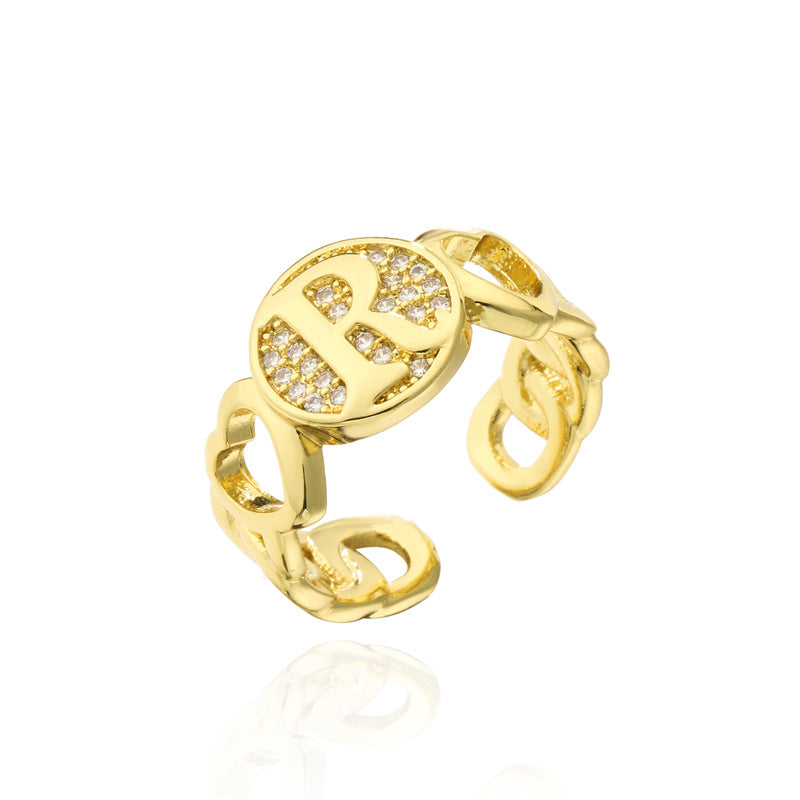 18K Gold Plated Brass Micro-Paved Cubic Zirconia Heart Letter Cuban Link Chain Open Ring for Women