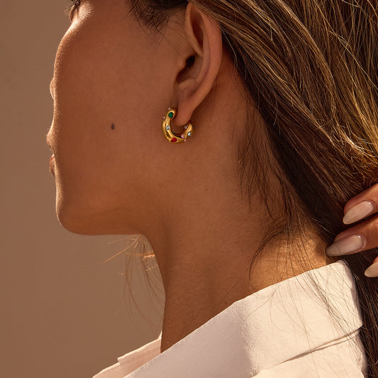 Vintage Stainless Steel C-Shaped Earrings with Zircon Inlay, Electroplated Finish, Irregular Geometric Design for Women