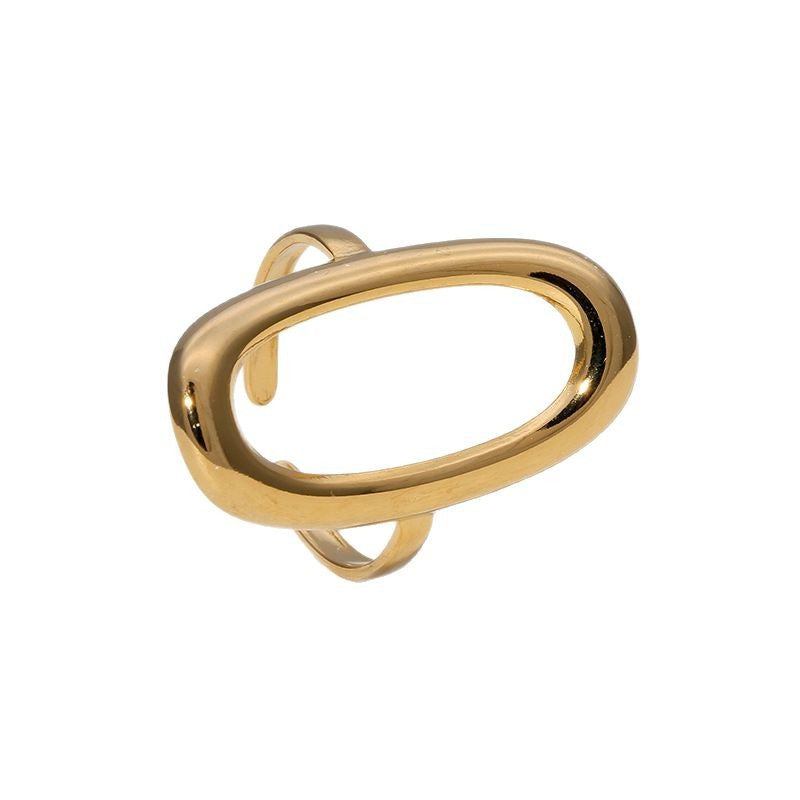 Minimalist Cold-Tone Stainless Steel Geometric Hollow Oval Gold-Plated Adjustable Ring for Women