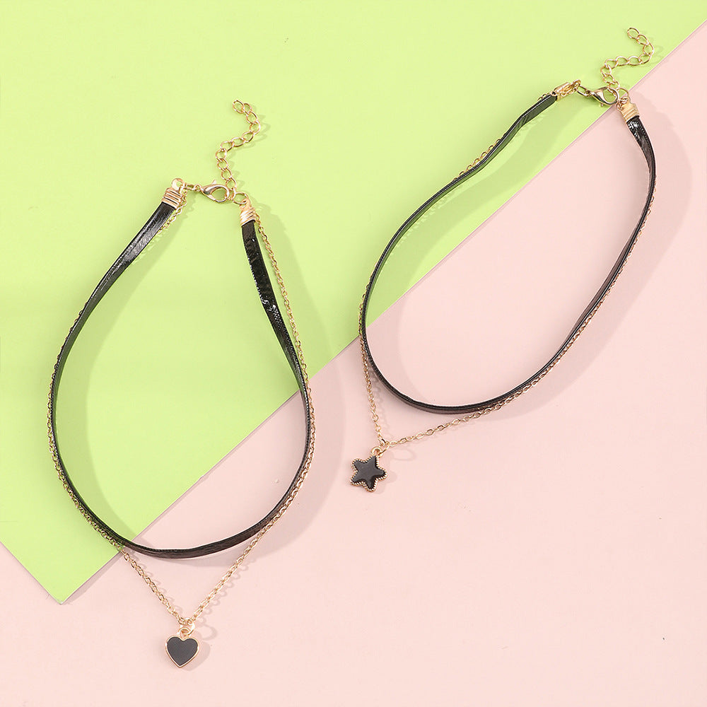 Collana con ciondolo a doppio strato cuore e stella in stile Rock Hip Hop per ragazze, in lega con finitura smaltata