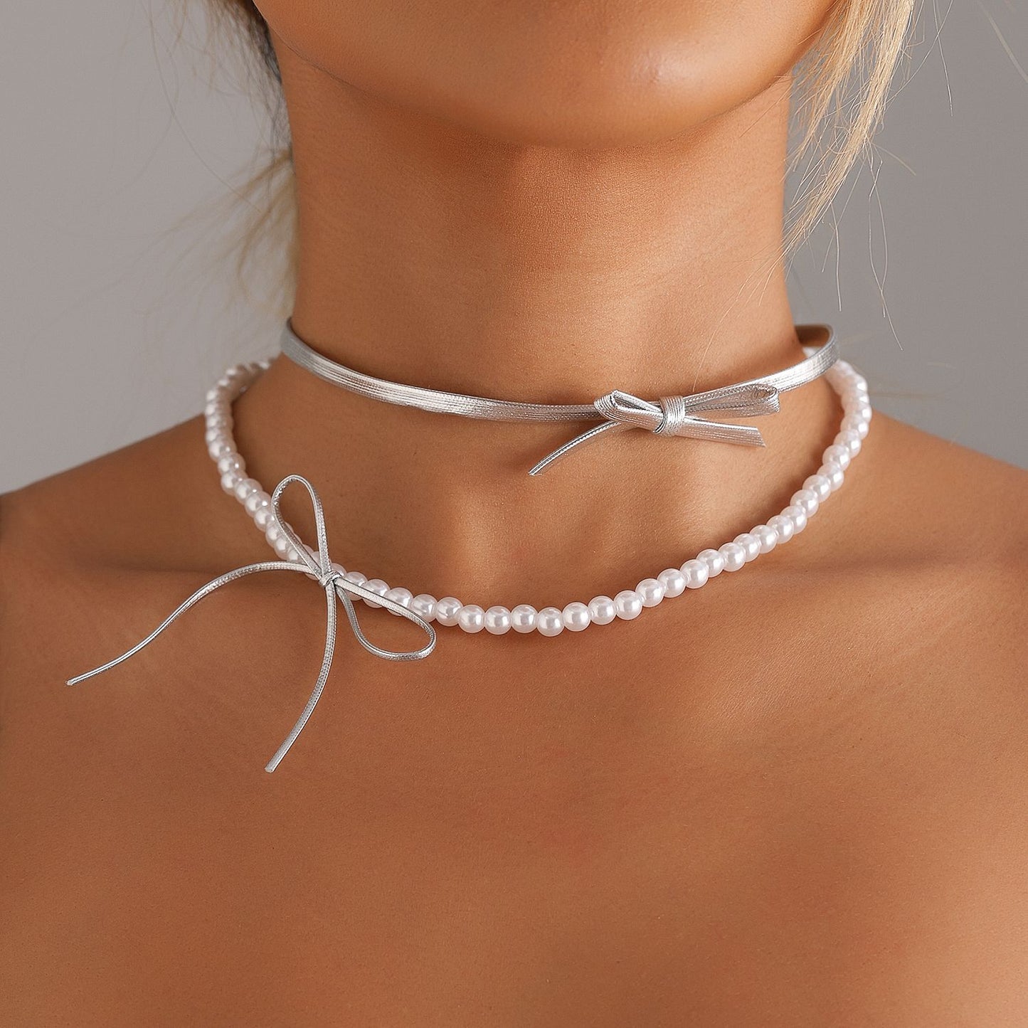 Minimalist Bow-Shaped Pearl Necklace for Women with Silver-Tone Plated Alloy Pendant on Adjustable Leather Cord