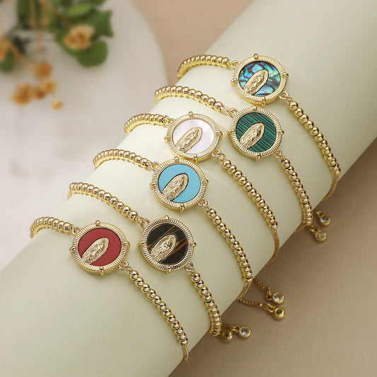 Minimalist Vintage Round Plated Brass Virgin Mary Adjustable Cord Bracelet for Women