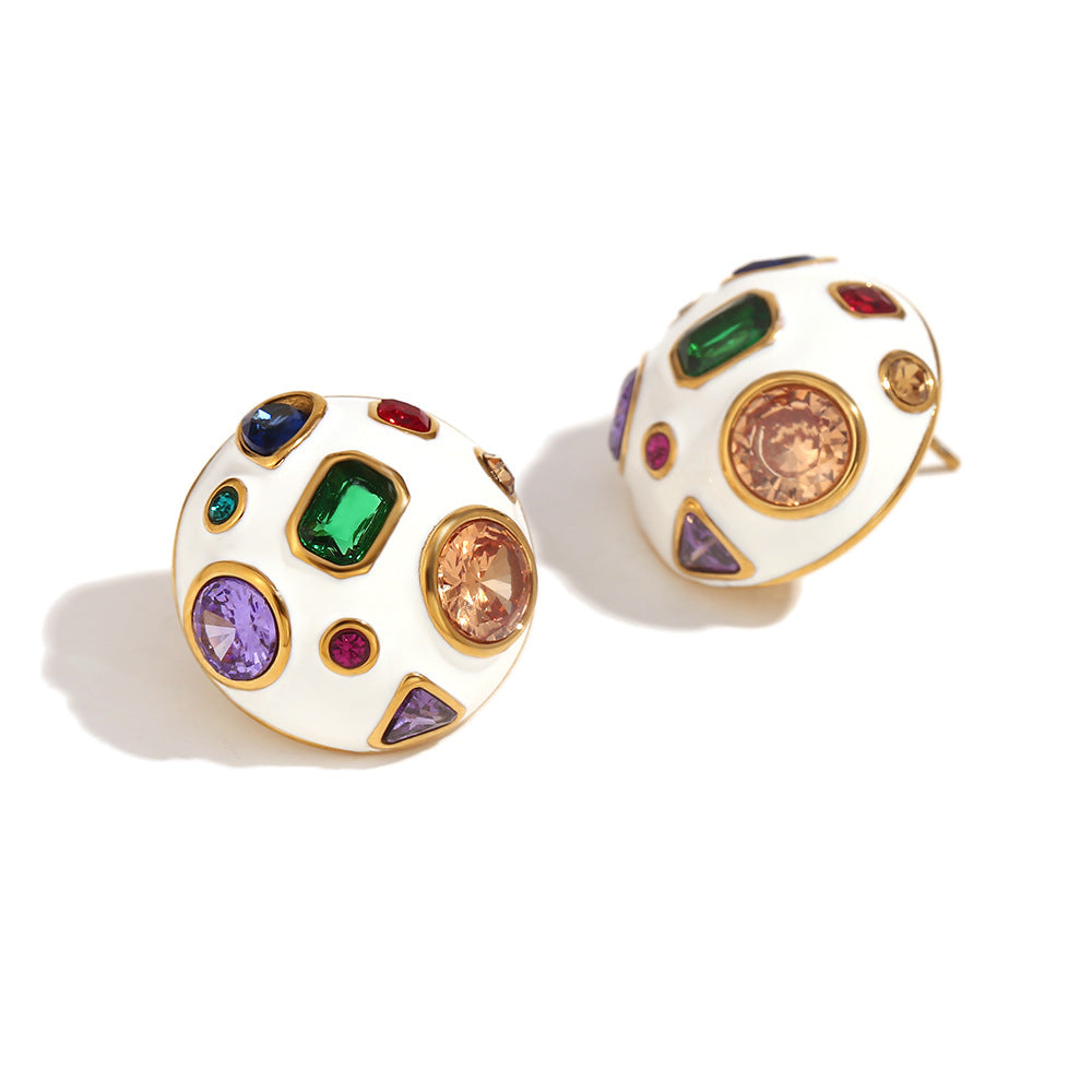 Minimalist Geometric Stainless Steel Earrings with 18K Gold Plating and White Enamel Finish for Women