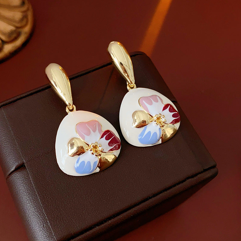 Vintage Floral Geometric Alloy Earrings with Enamel Finish and Steel Posts for Women