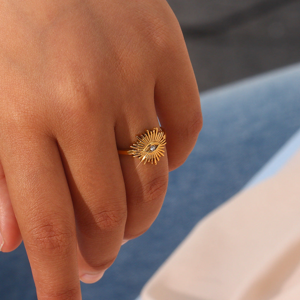 Fashionable Geometric Stainless Steel Plated 18K Gold Tone Evil Eye Open Ring for Women