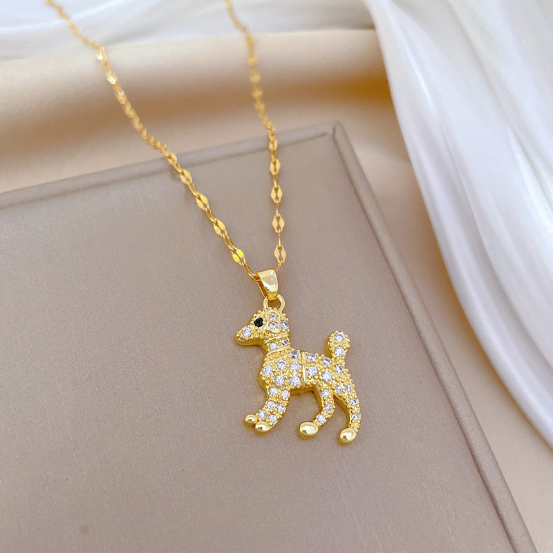 Collar con colgante minimalista con forma de perro de acero titanio con incrustaciones de diamantes de imitación para mujer y hombre