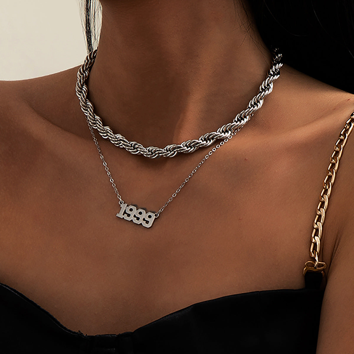 Juego de collares de aleación con letras geométricas para mujer, cadena tipo cable, chapado, estilo vintage minimalista