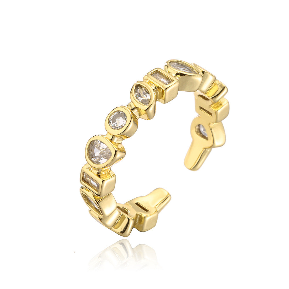 Minimalist Irregular Geometric Open Ring for Women in Copper with 18K Gold Plating and Zircon Inlay