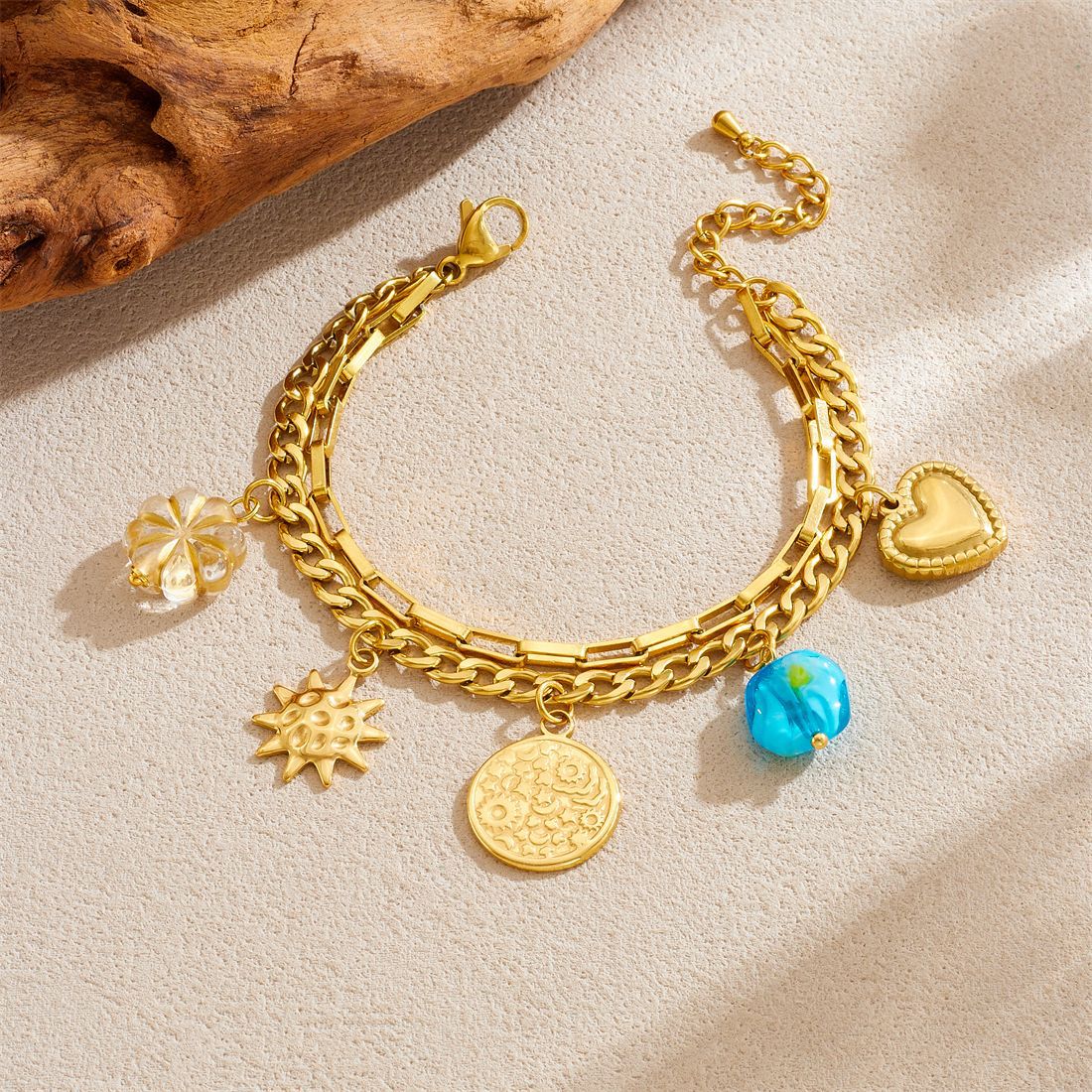 Minimalist Elegant Floral Heart Geometric Plated Stainless Steel Double Layer Bracelet for Women