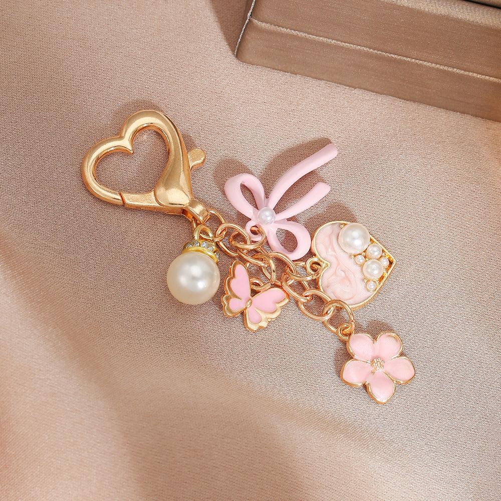Elegant Drip Oil Flower Butterfly Heart Zinc Alloy Keychain with Pearl Inlay for Women
