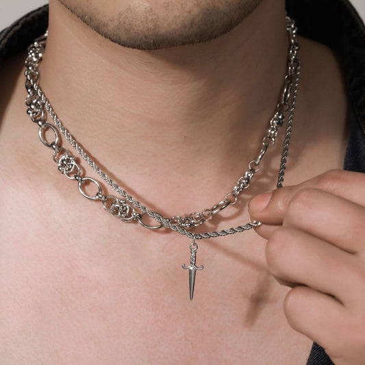 Hip-hop Minimalist Geometric Round Alloy Sword Pendant Cable Chain Necklace for Men