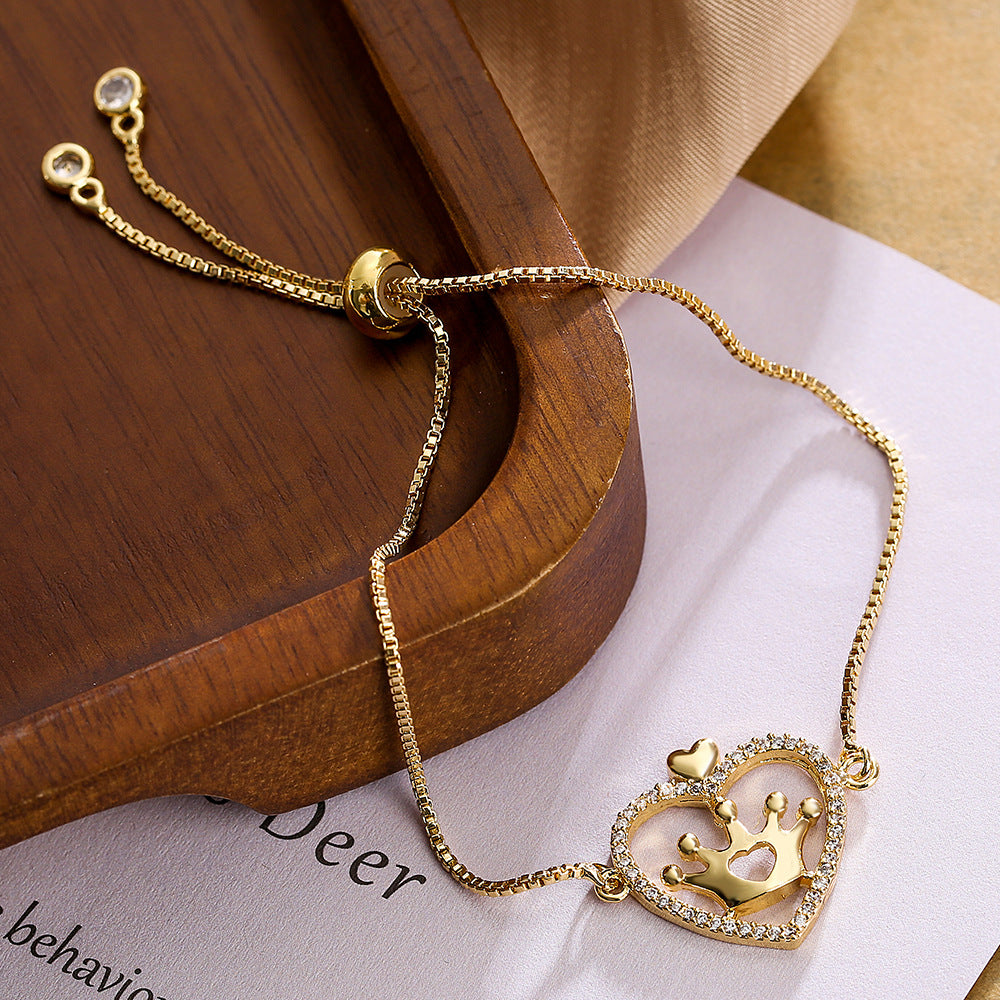 Bracciale da donna minimalista con cuore placcato oro, in rame, regolabile con cordino e zirconia micro-pavé