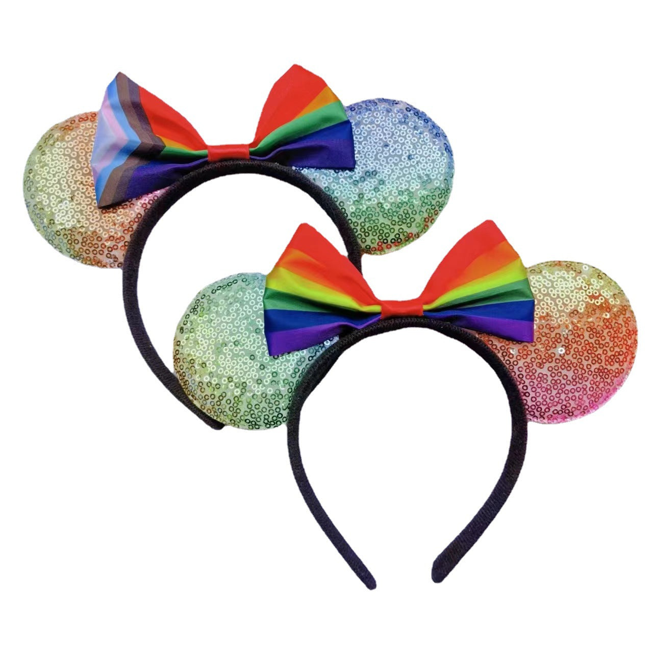 Cartoon Mickey Mouse Ear Headband with Rainbow Sequins and Bow for Theme Parties