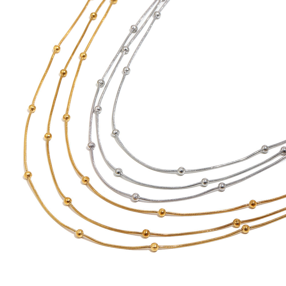 Minimalist Luxury 18K Gold Plated Geometric Stainless Steel Multi-Layer Snake Chain Beaded Necklace for Women