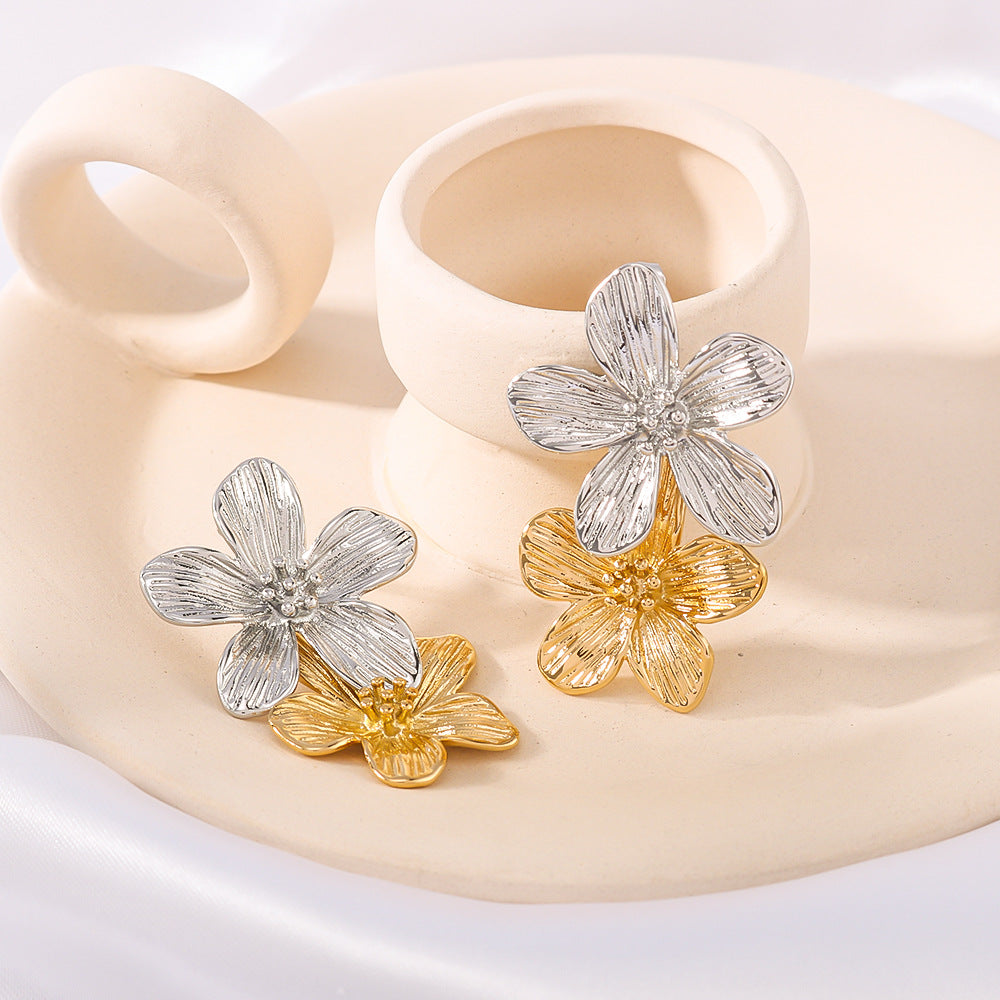 Vintage French Style Floral Stainless Steel Earrings with 18K Gold Plating and Premium Design