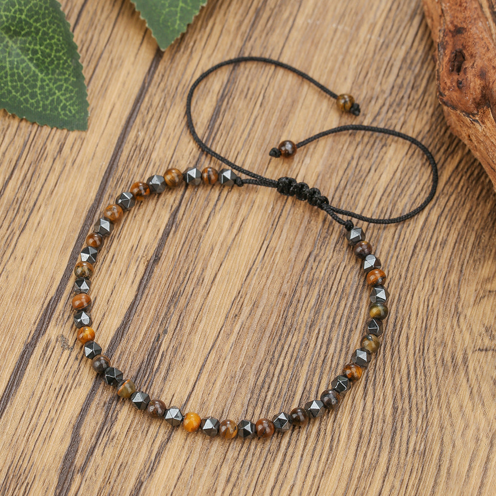 Vintage Geometric Tiger's Eye and Hematite Hand-beaded Bracelet for Men and Women